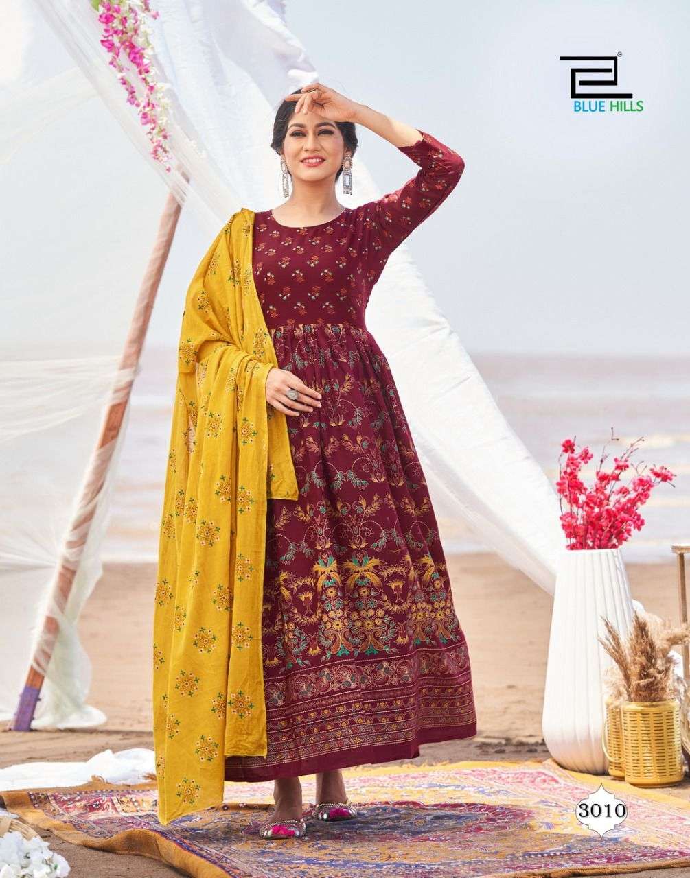 Blue Hills Walkway Dupatta Edition Vol 3 Catalog Festive Wear Cotton Long  Anarkali Kurti With Dupatta