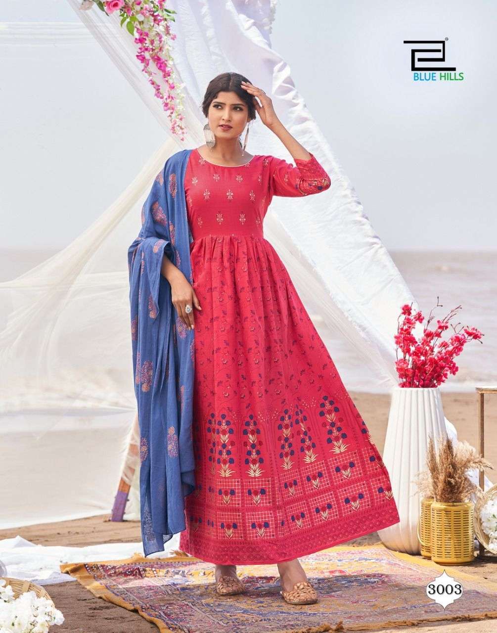 Blue Hills Walkway Dupatta Edition Vol 3 Catalog Festive Wear Cotton Long  Anarkali Kurti With Dupatta