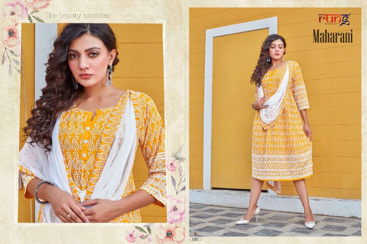 Rung Maharani Catalog Designer Wear Chikan Rayon Kurti With Dupatta 