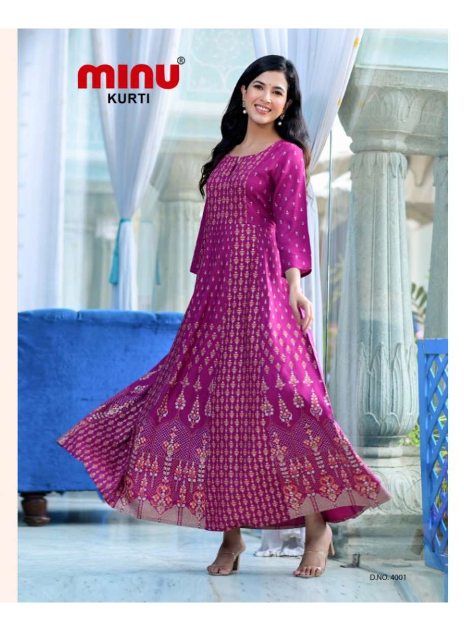 Minu CHOCOLATE Vol-4 Rayon Anarkali Kurtis-4P Catalogue
