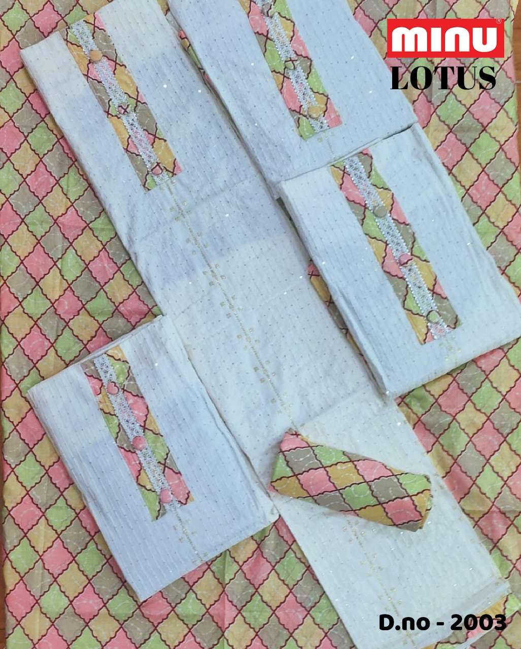 Minu LOTUS Exclusive Cotton Embroidered Sequence Work Dress Material-20P Catalogue