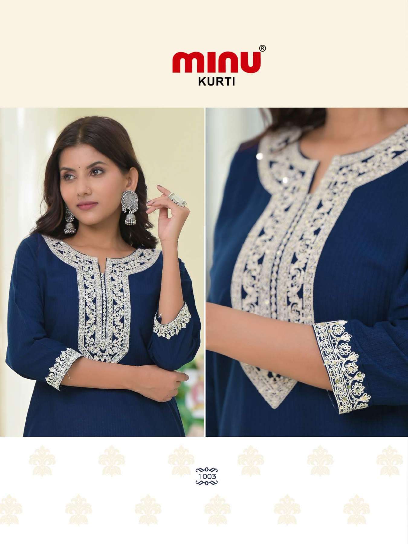 Minu SAANVI Rayon Embroidered Long Kurtis-6P Catalogue