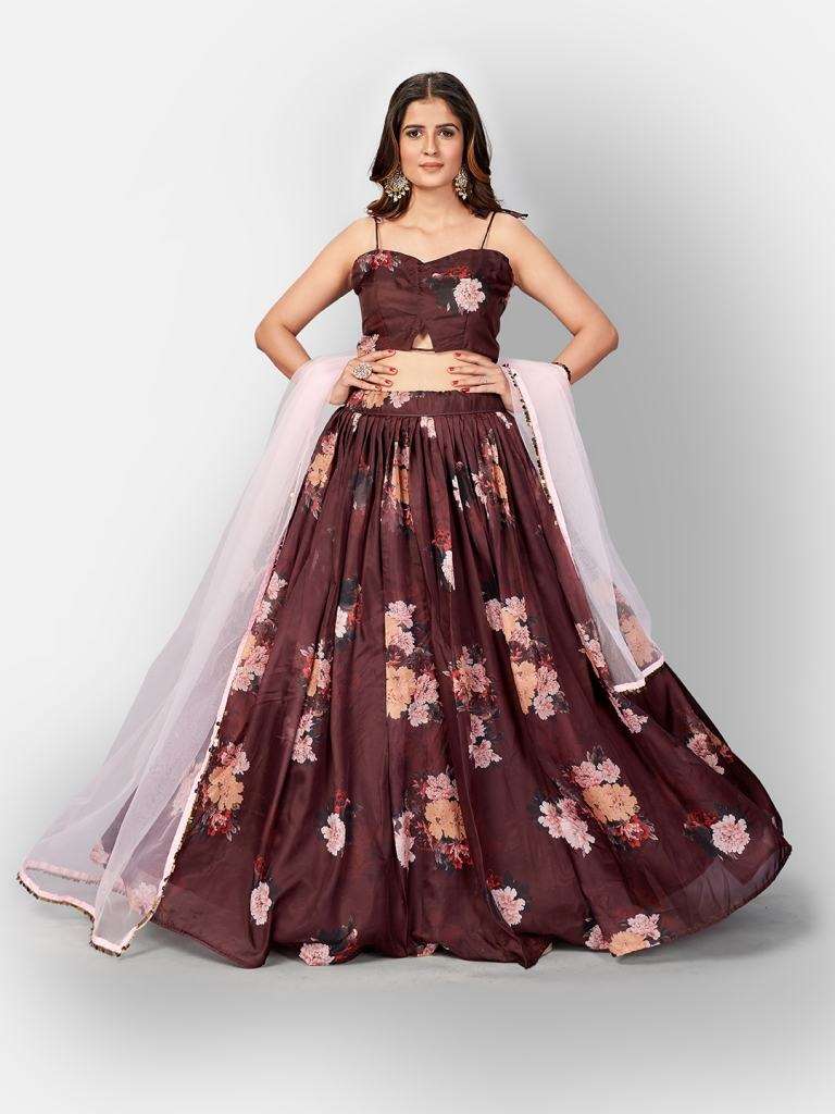 Dazzling Brown Digital Printed Semi-Stitched Lehenga and Unstitched Blouse With Dupatta