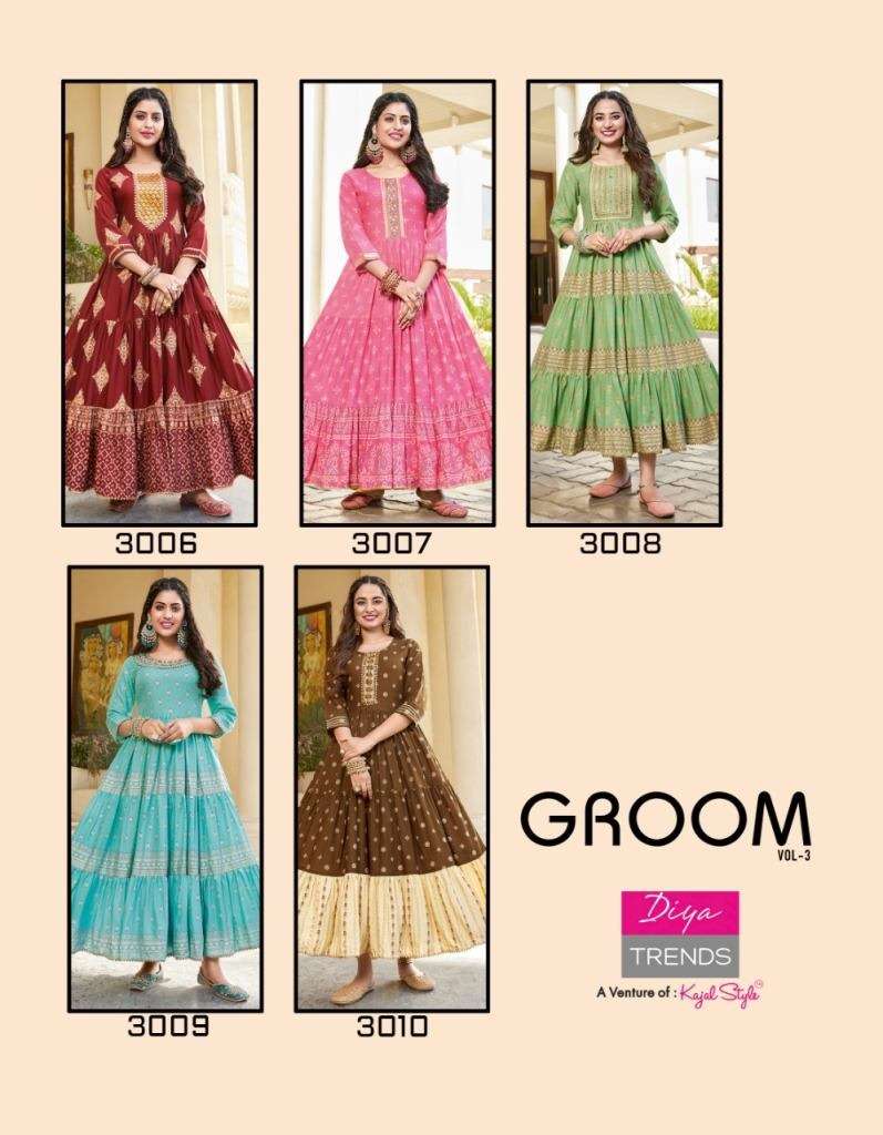 DiyaTrends Groom VOL 3 Rayon Gold Print Designer Anarkali Kurti Collection