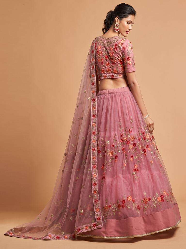 Dusky Pink Embroidered Wedding Wear Soft Net Lehenga Choli