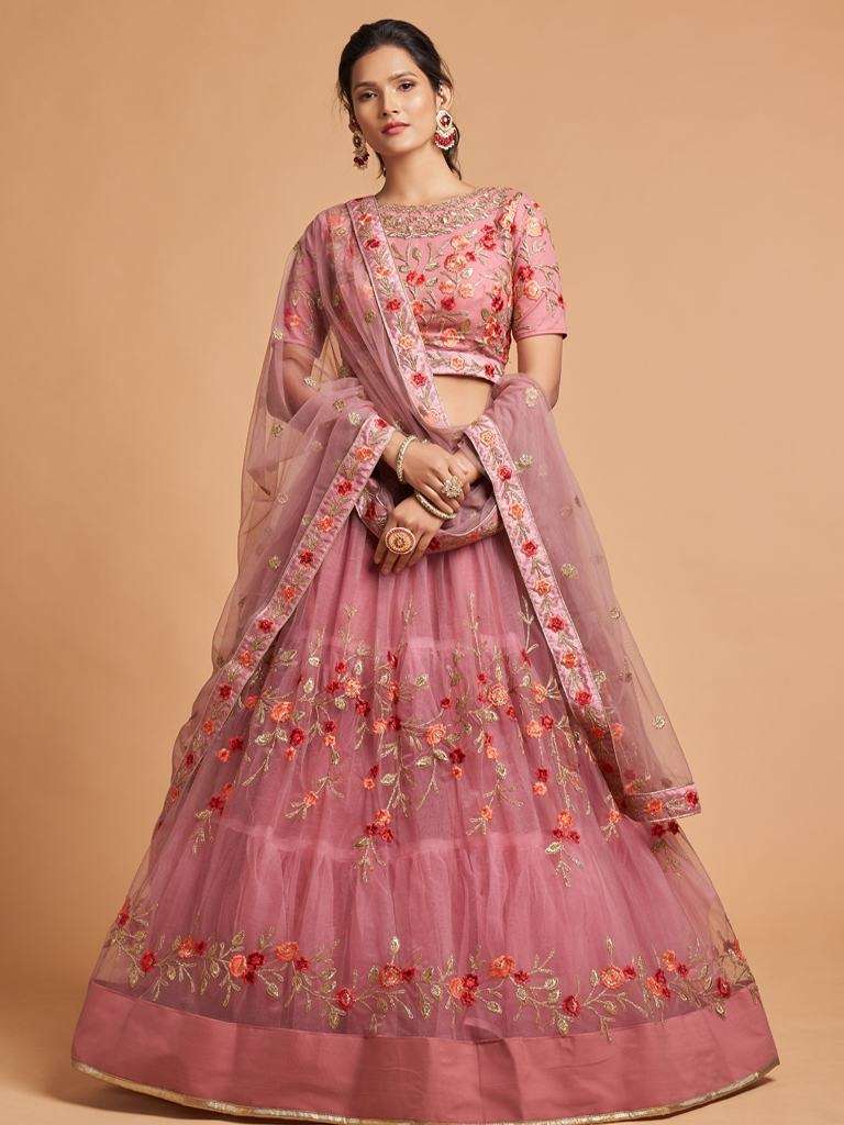 Dusky Pink Embroidered Wedding Wear Soft Net Lehenga Choli