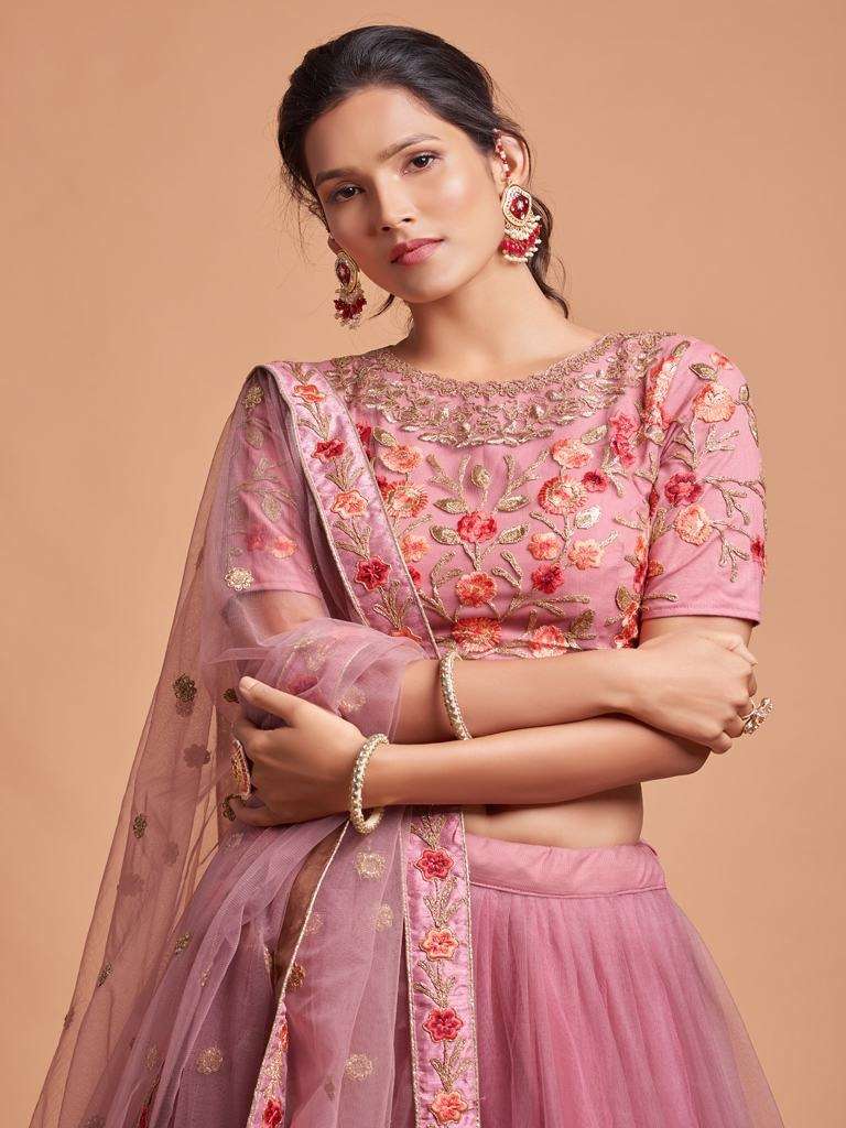 Dusky Pink Embroidered Wedding Wear Soft Net Lehenga Choli