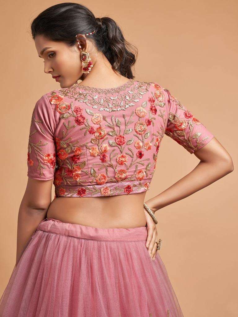 Dusky Pink Embroidered Wedding Wear Soft Net Lehenga Choli