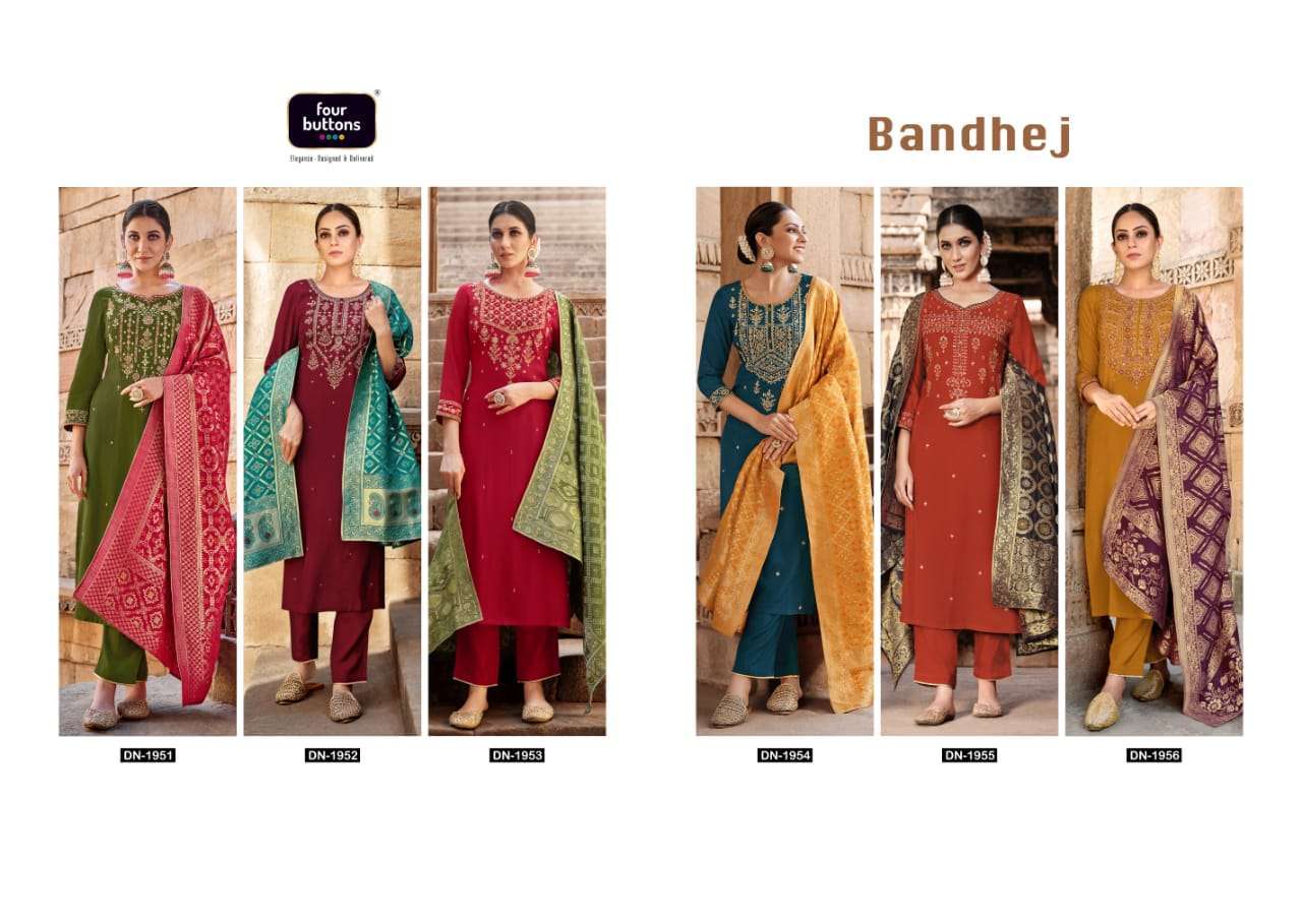FOUR BUTTONS BANDHEJ 3 PCS READYMADE TOP BOTTOM AND DUPATTA COLLECTION