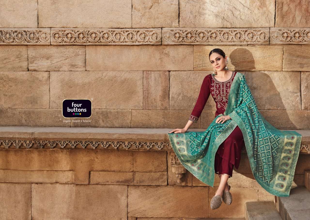 FOUR BUTTONS BANDHEJ 3 PCS READYMADE TOP BOTTOM AND DUPATTA COLLECTION