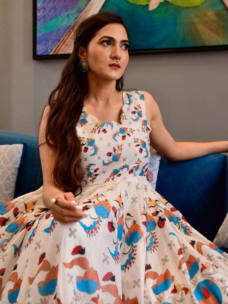 Ice White Designer Kurti Gown In Pure Muslin With Digital Print