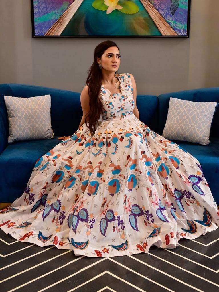 Ice White Designer Kurti Gown In Pure Muslin With Digital Print