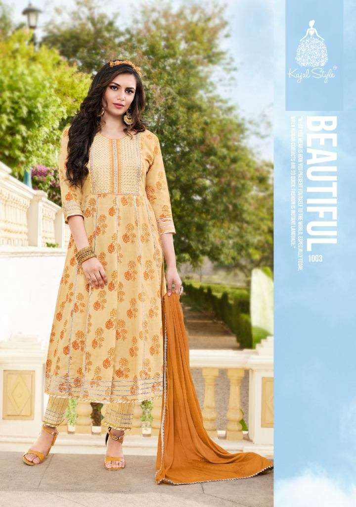 KAJAL STYLE GLAM LOOK VOL 1 COTTON HEAVY PRINTED FESTIVE WEAR KURTI GOWN PANT AND DUPATTA COLLECTION