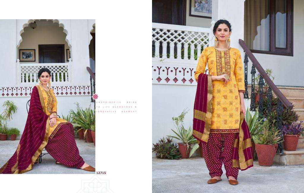 KALAROOP BANDHEJ CHANDERI SILK EMBROIDERY WORK DESIGNER PATIYALA READY MADE DRESS MATERIAL
