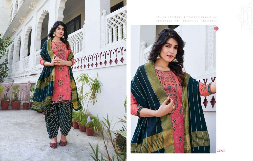 KALAROOP BANDHEJ CHANDERI SILK EMBROIDERY WORK DESIGNER PATIYALA READY MADE DRESS MATERIAL