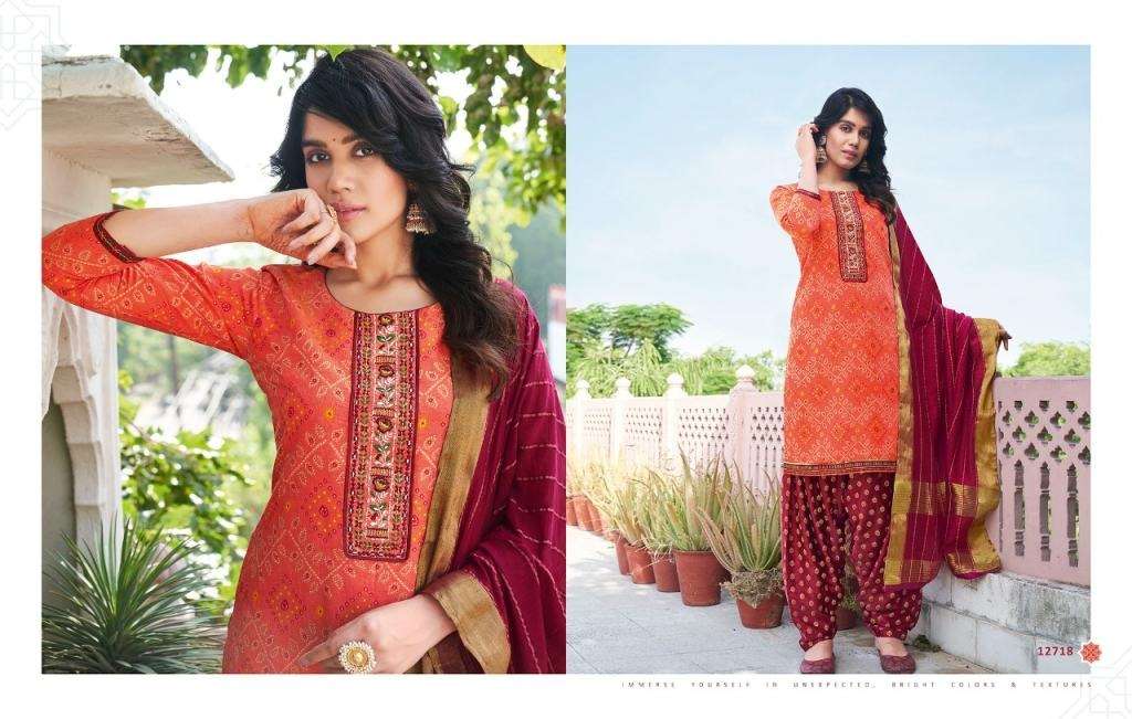 KALAROOP BANDHEJ CHANDERI SILK EMBROIDERY WORK DESIGNER PATIYALA READY MADE DRESS MATERIAL