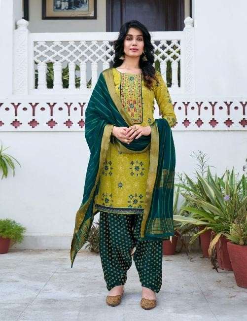 KALAROOP BANDHEJ CHANDERI SILK EMBROIDERY WORK DESIGNER PATIYALA READY MADE DRESS MATERIAL