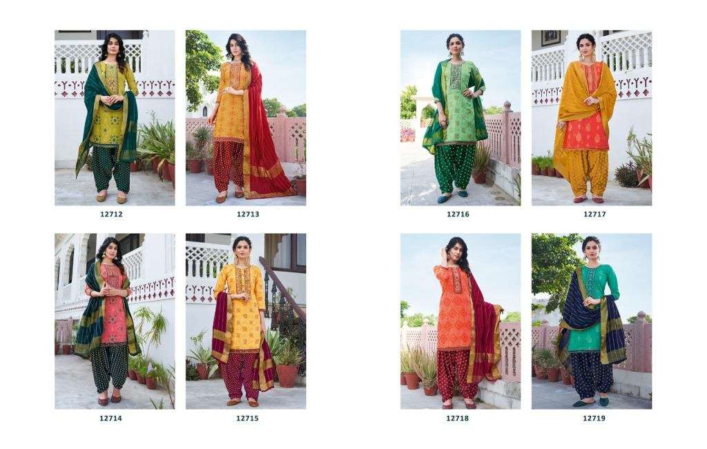 KALAROOP BANDHEJ CHANDERI SILK EMBROIDERY WORK DESIGNER PATIYALA READY MADE DRESS MATERIAL