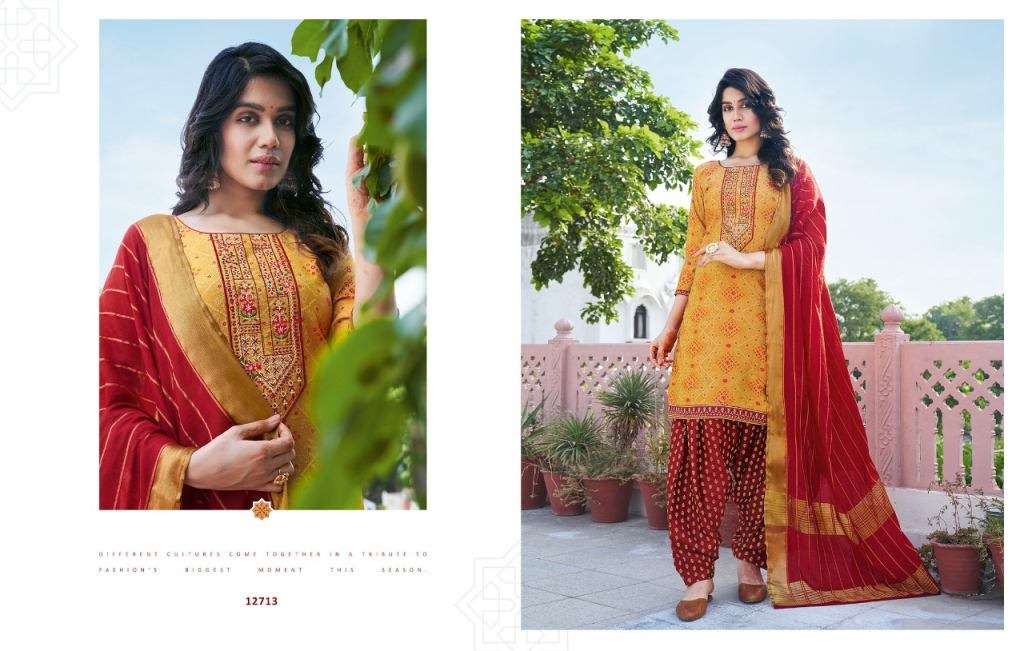 KALAROOP BANDHEJ CHANDERI SILK EMBROIDERY WORK DESIGNER PATIYALA READY MADE DRESS MATERIAL
