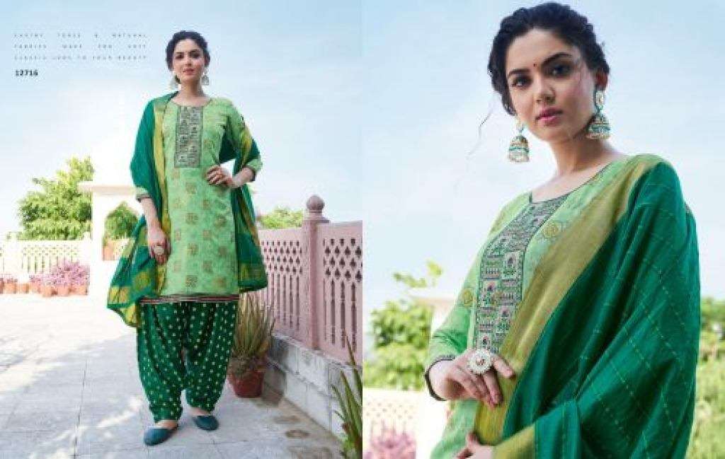 KALAROOP BANDHEJ CHANDERI SILK EMBROIDERY WORK DESIGNER PATIYALA READY MADE DRESS MATERIAL