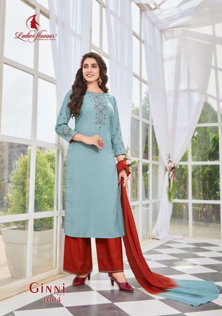 LADIES FLAVOUR GINNI VOL 4 VISCOSE EMBROIDERY DESIGNER READY MADE KURTIS