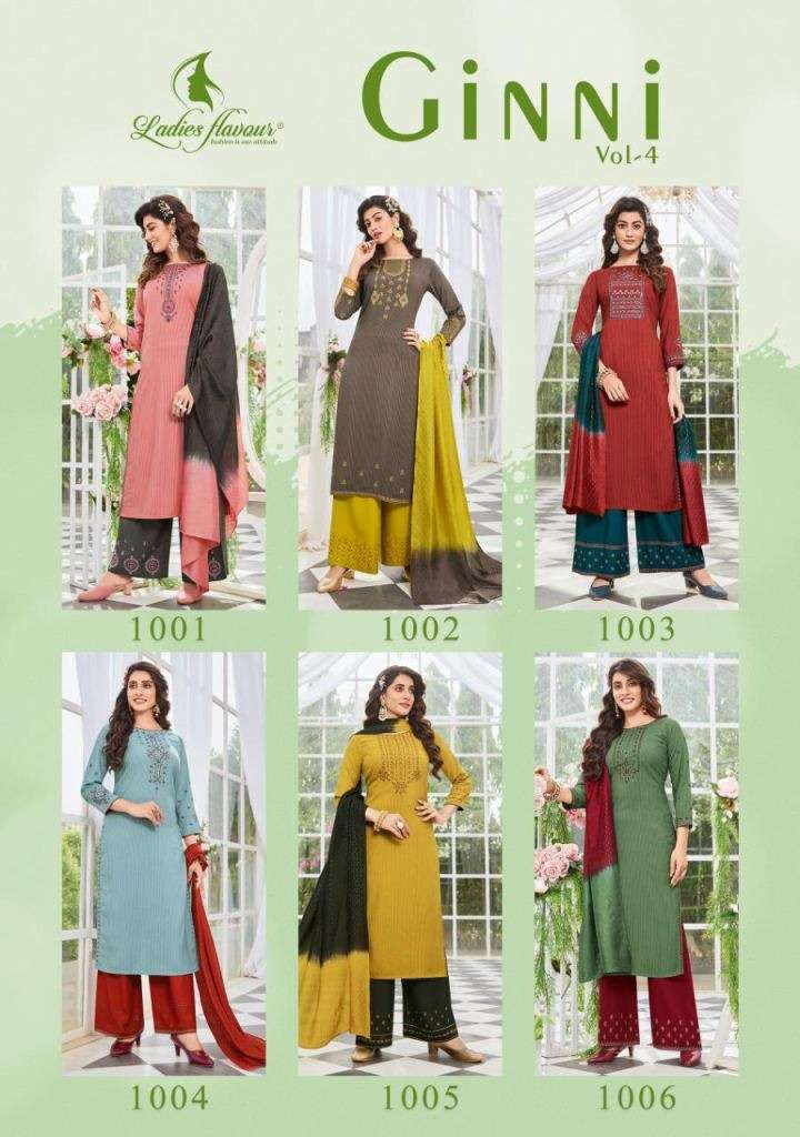 LADIES FLAVOUR GINNI VOL 4 VISCOSE EMBROIDERY DESIGNER READY MADE KURTIS