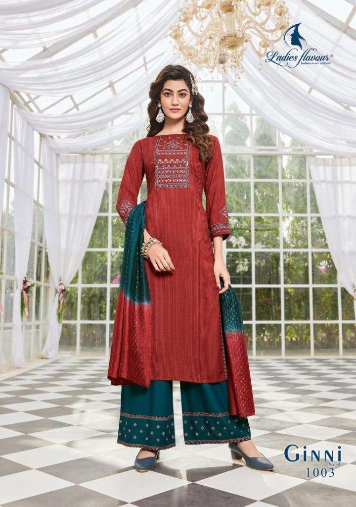 LADIES FLAVOUR GINNI VOL 4 VISCOSE EMBROIDERY DESIGNER READY MADE KURTIS