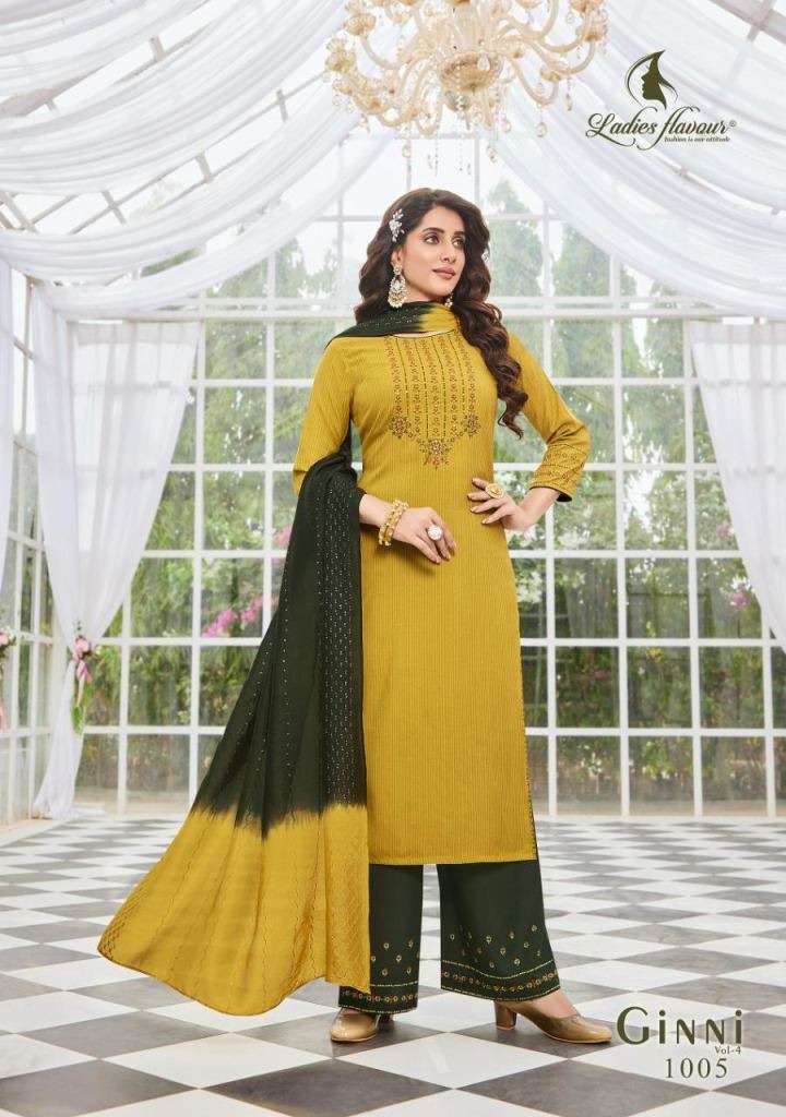 LADIES FLAVOUR GINNI VOL 4 VISCOSE EMBROIDERY DESIGNER READY MADE KURTIS