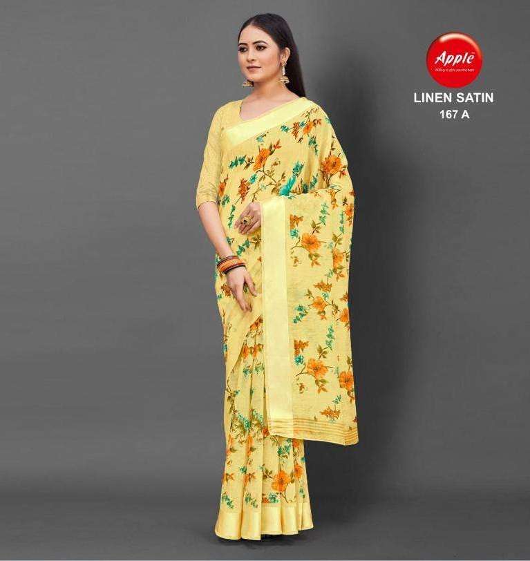 LINEN SATIN FANCY SAREES WITH SATIN PATTA BY APPLE SAREES