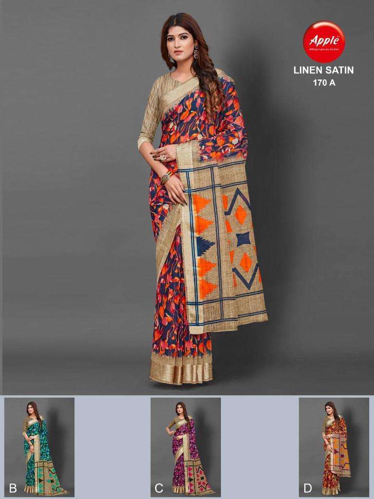 LINEN SATIN FANCY SAREES WITH SATIN PATTA BY APPLE SAREES