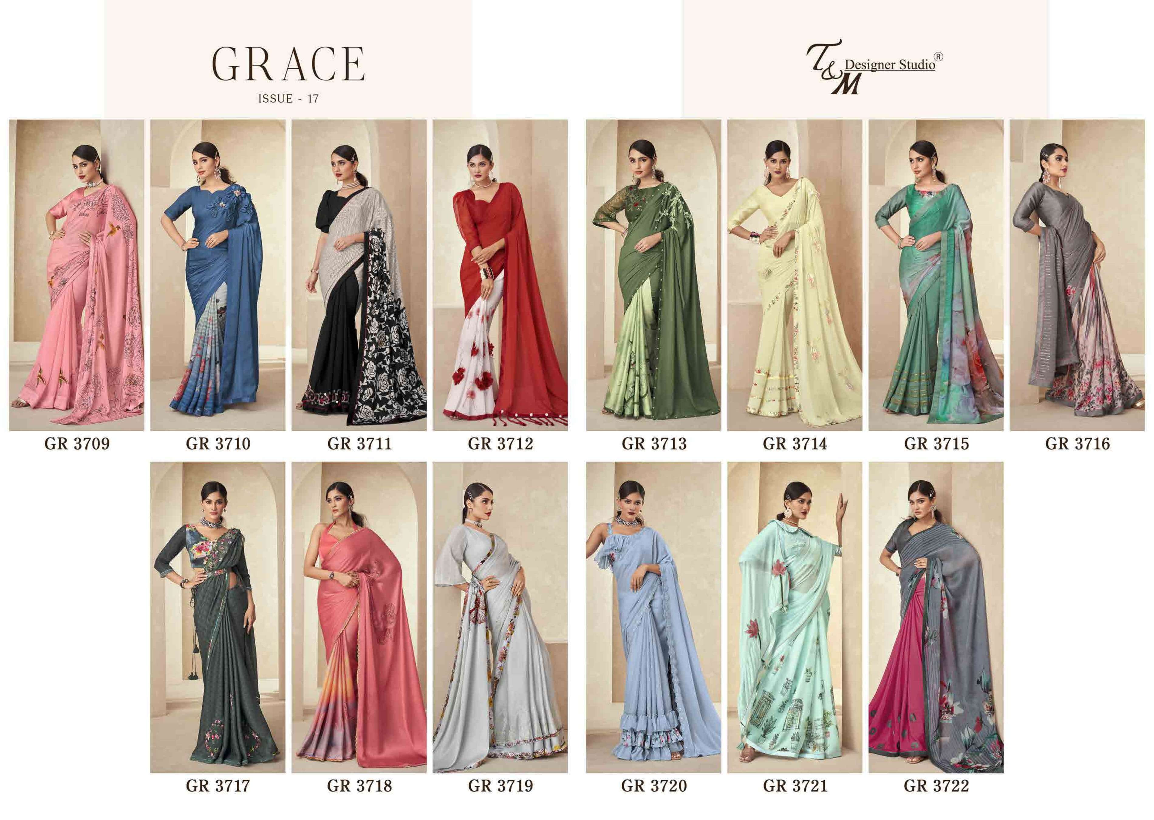 T & M DESIGNER GRACE VOL 17 3709-3722 SERIES BRANDED SAREE WHOLESALER IN SURAT