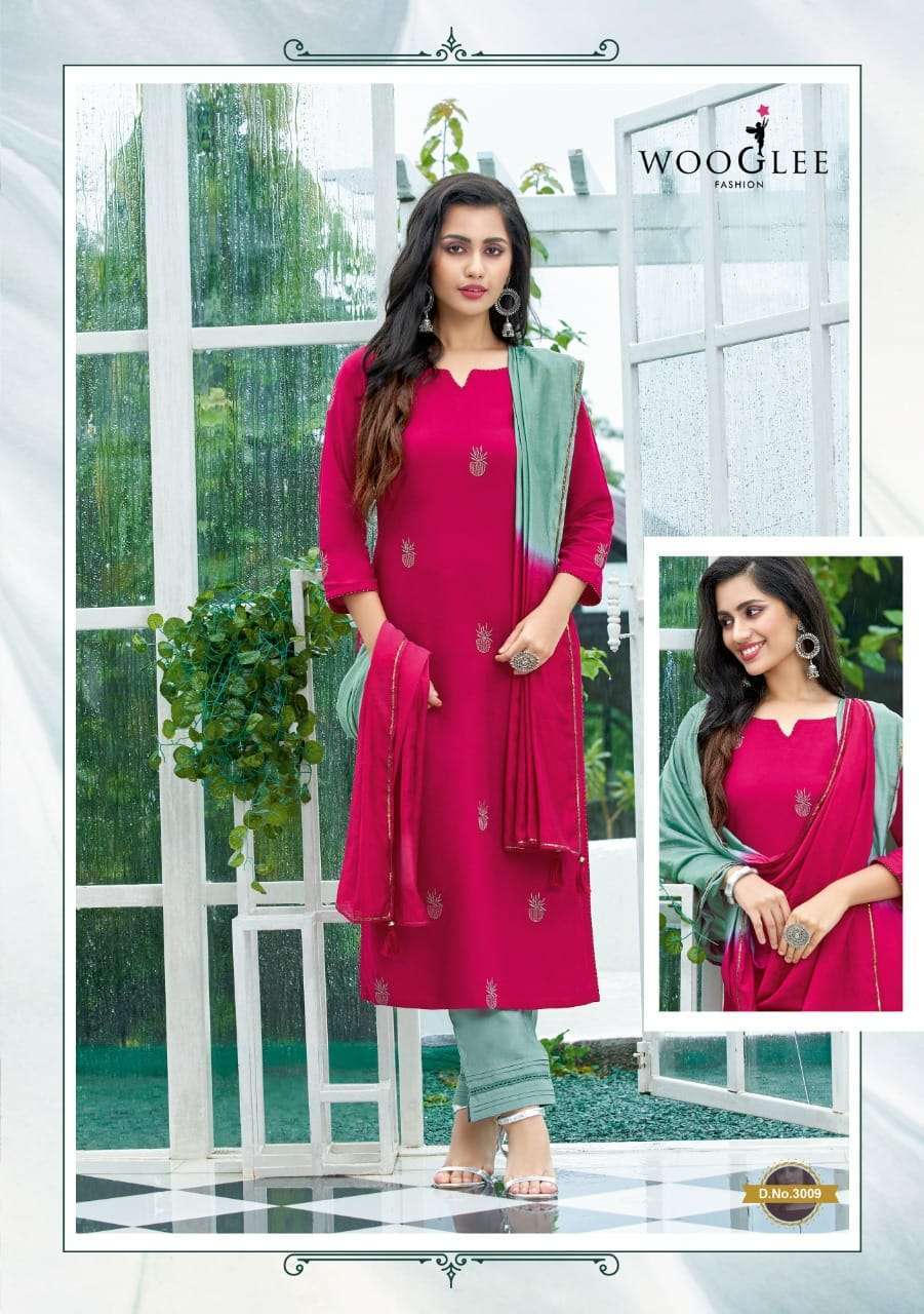  WOOGLEE BUTTERFLY FANCY KURTI WITH BOTTOM AND DUPATTA SET READYMADE ONLINE