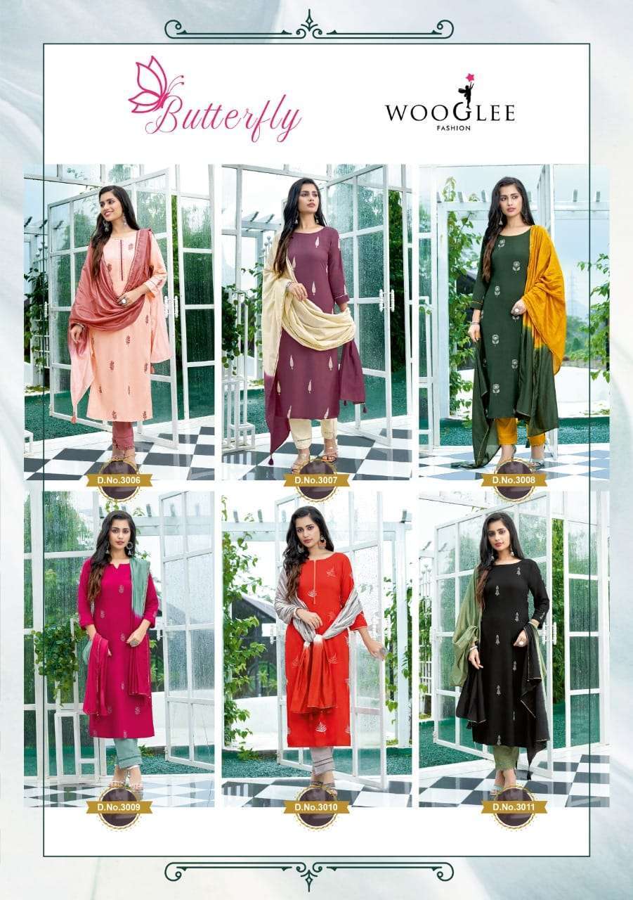  WOOGLEE BUTTERFLY FANCY KURTI WITH BOTTOM AND DUPATTA SET READYMADE ONLINE