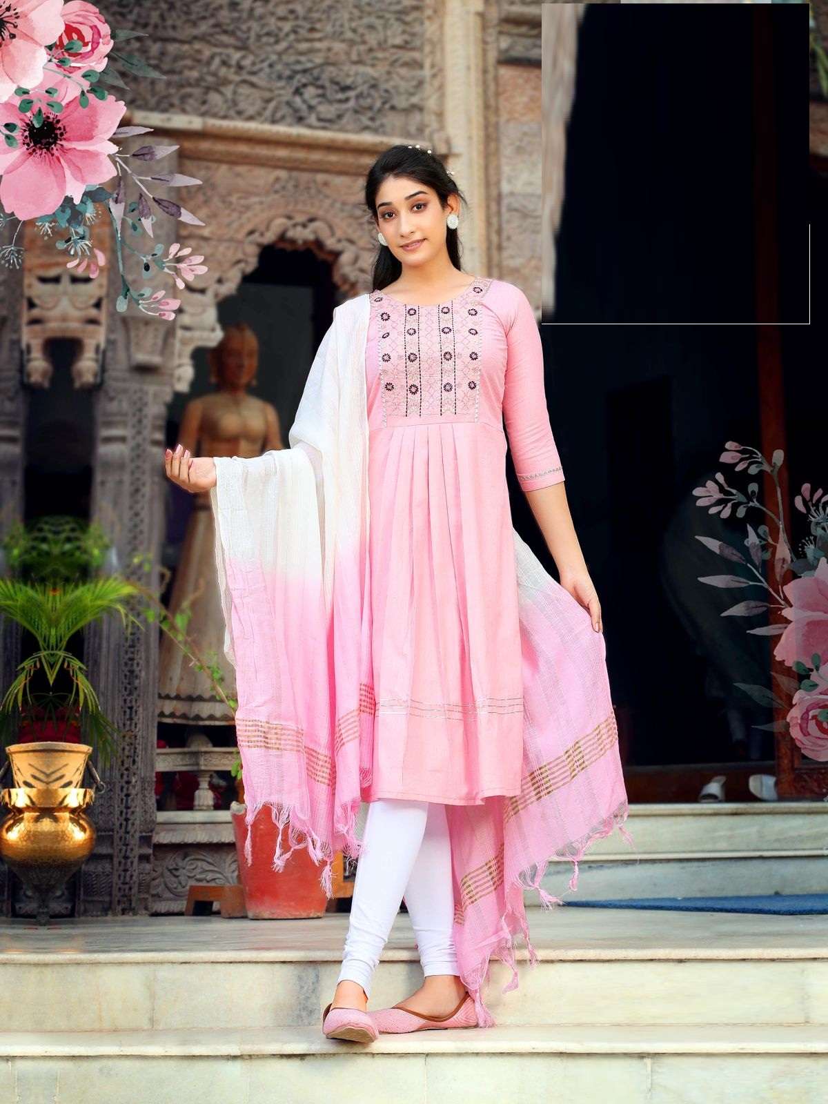 Pink Readymade Block Printed Kurti With Dupatta Latest 707KR01