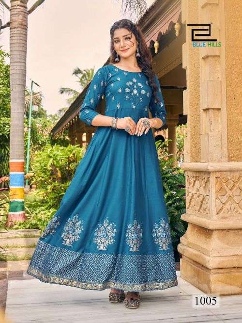 Blue Hills Enagage Catalog Designer Heavy Rayon Long Anarkali Kurtis
