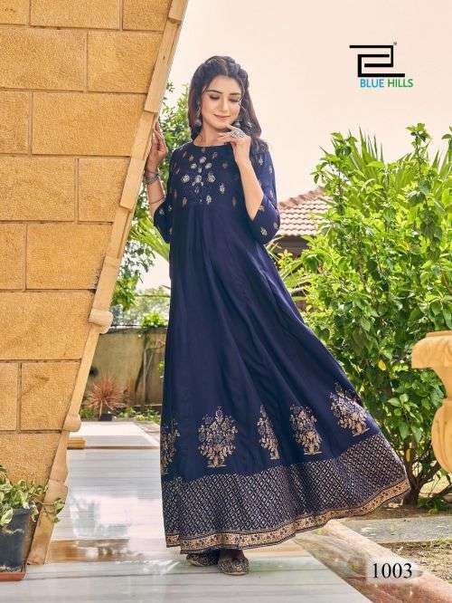 Blue Hills Enagage Catalog Designer Heavy Rayon Long Anarkali Kurtis