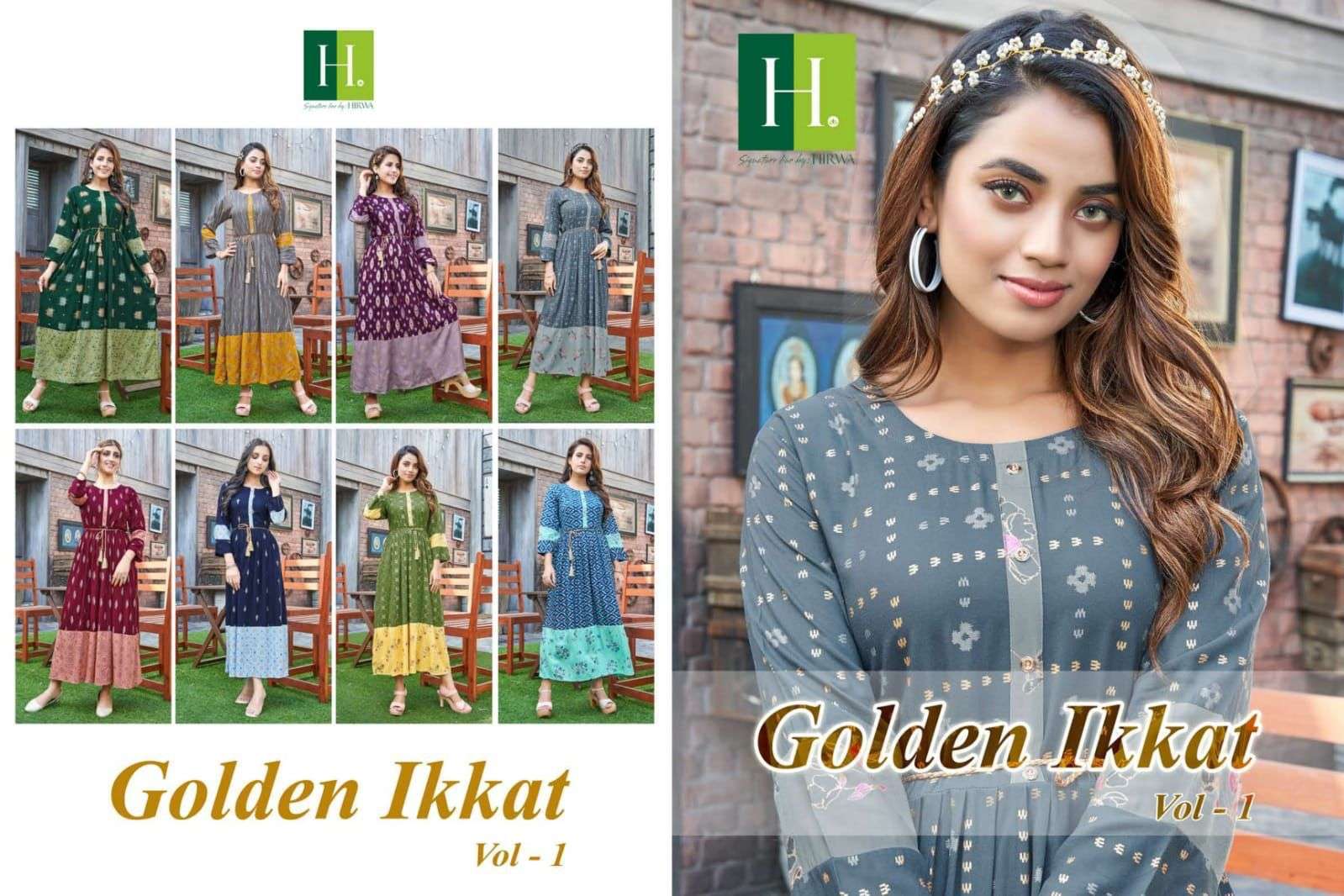Hirwa Golden Ikkat Vol 1 Catalog Rayon exclusive Anarkali Kurtis