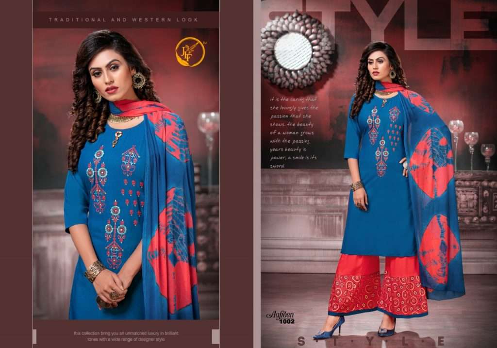  JLF PRESENTS AAFREEN RAYON WITH EMBROIDERY DESIGNER KURTI COMBO SET WHOLESALERS SURAT