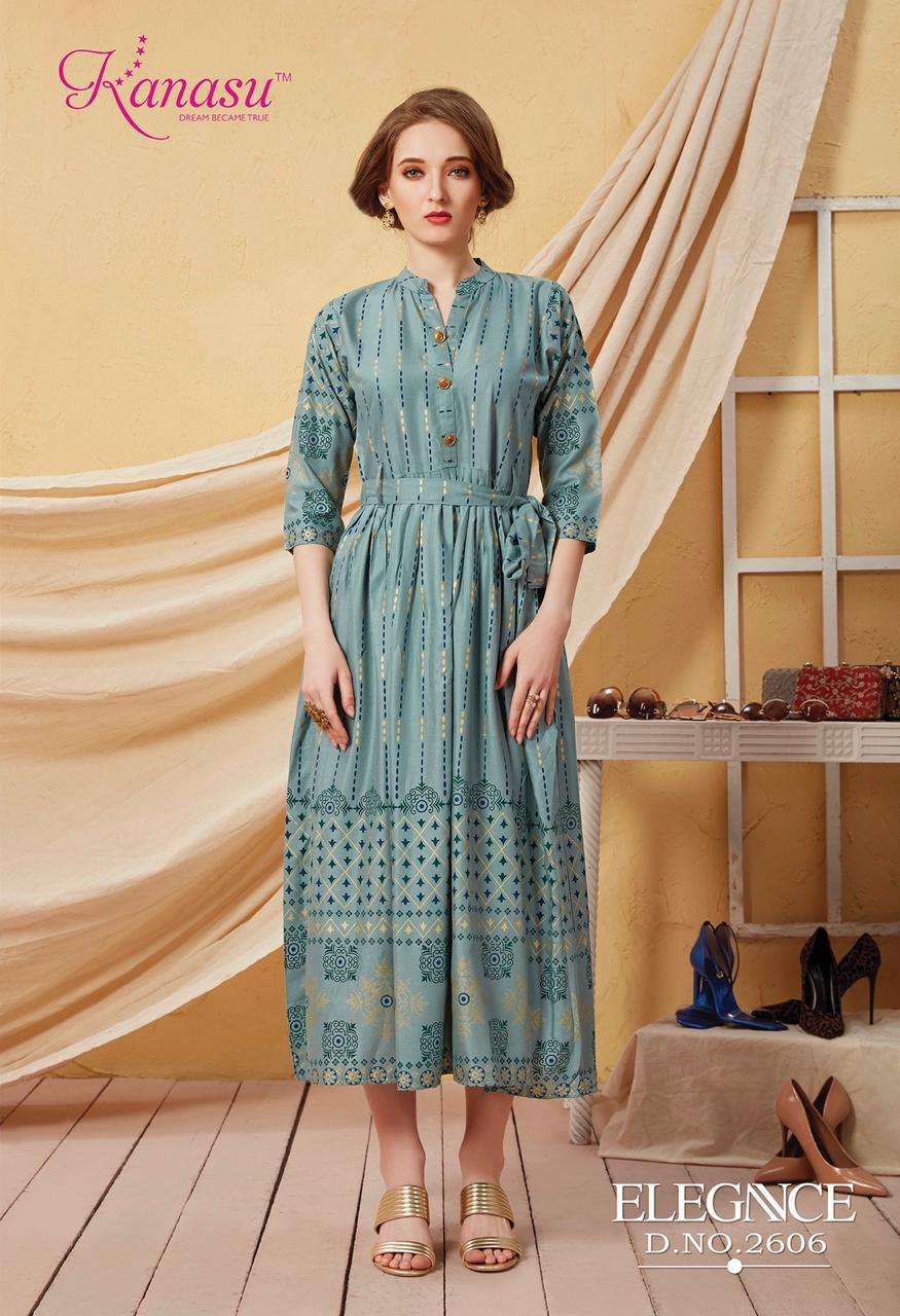 KANASU LAUNCH ELEGANCE RAYON GOLD PRINT LONG KURTI WHOLESALE RATE IN SURAT  TEXTILE MARKET