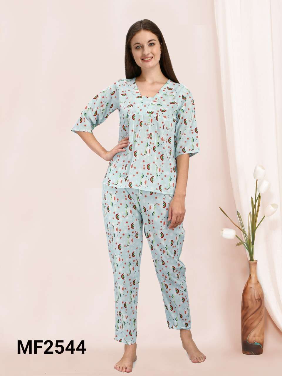 Buy Lyra Women's Cotton Shirt and Pyjama Printed Night Suit Blue at  Amazon.in