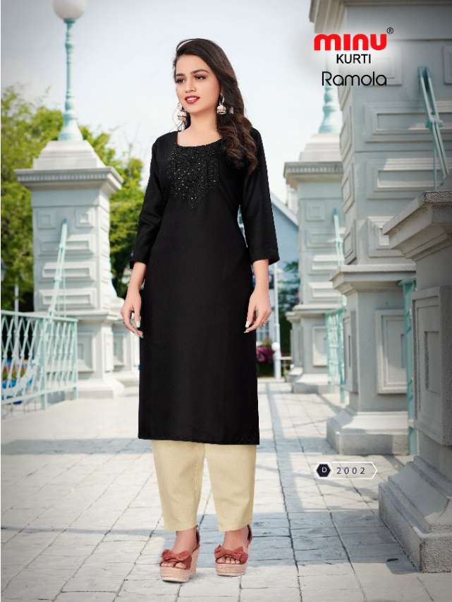 Minu RAMOLA Vol-2 Rayon Embroidered Kurtis-6P Catalog