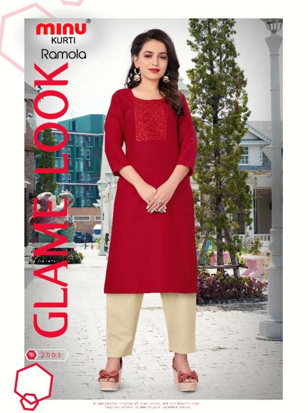 Minu RAMOLA Vol-2 Rayon Embroidered Kurtis-6P Catalog