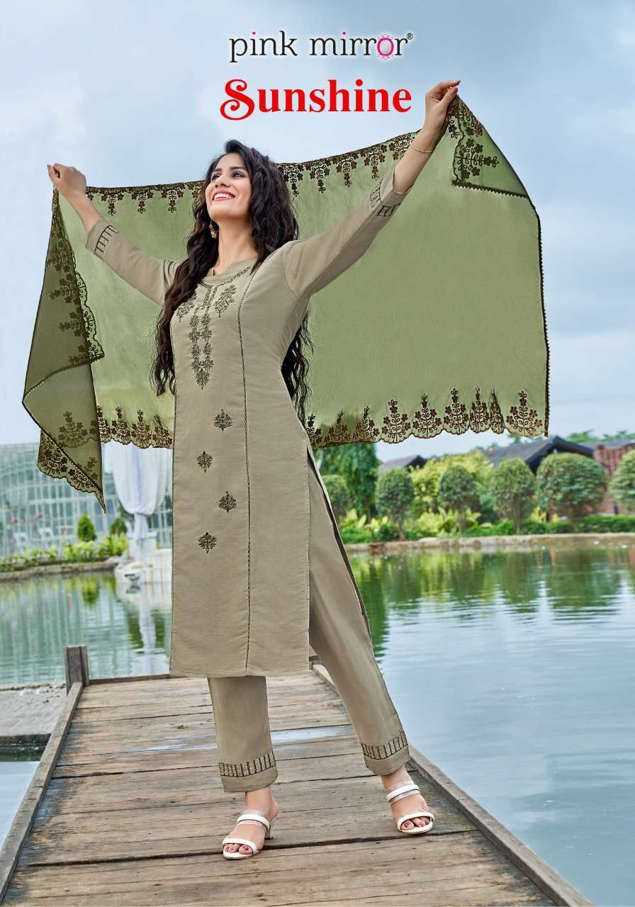 PINK MIRROR SUNSHINE EMBROIDERY FULL STITCH TOP PANT WITH DUPATTA