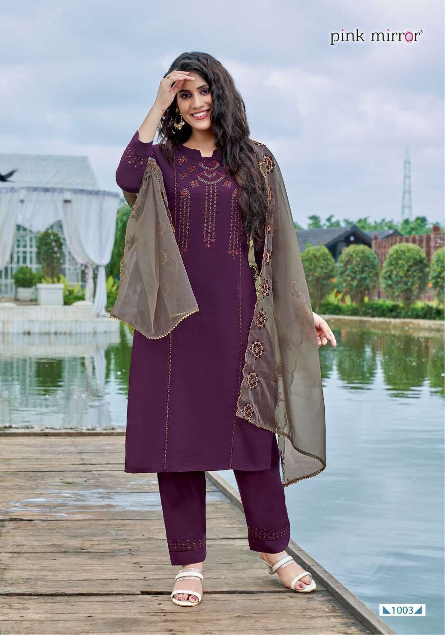 PINK MIRROR SUNSHINE EMBROIDERY FULL STITCH TOP PANT WITH DUPATTA