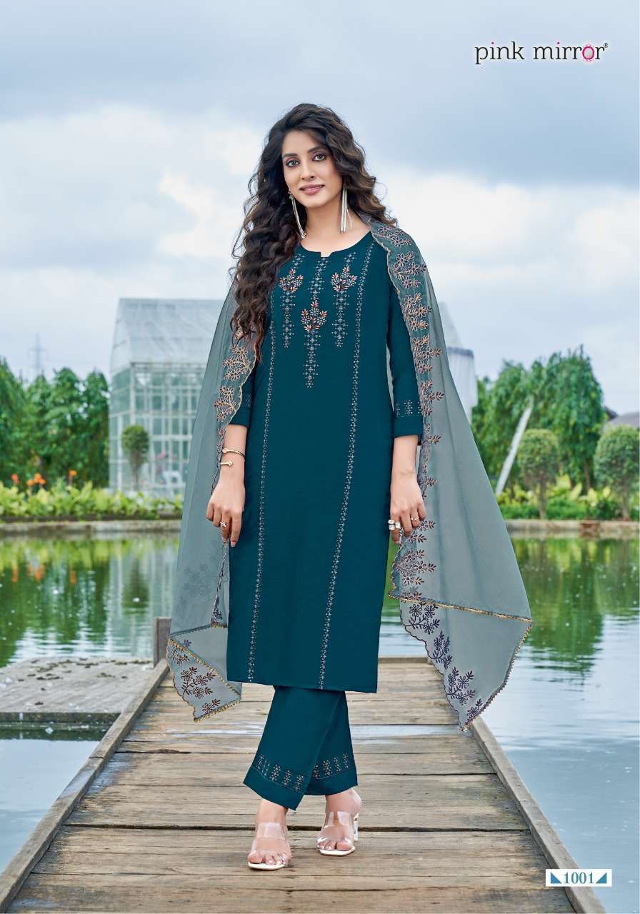 PINK MIRROR SUNSHINE EMBROIDERY FULL STITCH TOP PANT WITH DUPATTA