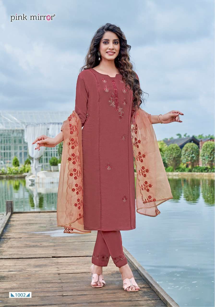PINK MIRROR SUNSHINE EMBROIDERY FULL STITCH TOP PANT WITH DUPATTA