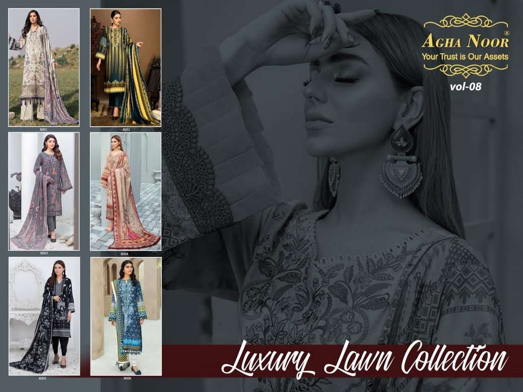 Agha Noor Vol 8 Catalog Luxury Lawn Karachi Cotton Dress Materials Wholesale