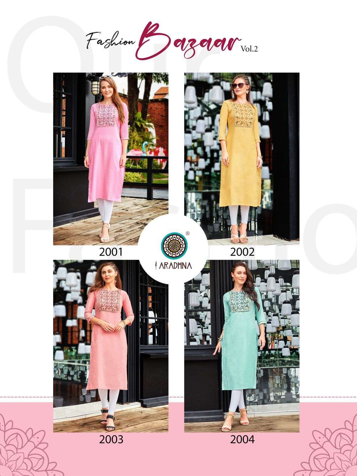 Aradhna Fashion Bazar Vol 2 Catalog Cotton Embroidery Wear Kurtis Wholesale