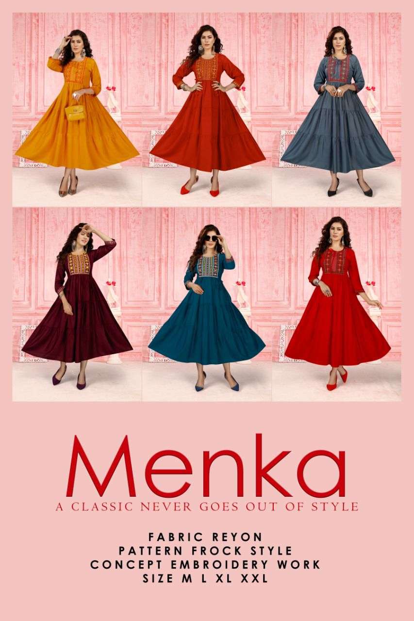 Beauty Menka Catalog Party Wear Heavy Rayon Long Gowns Wholesale