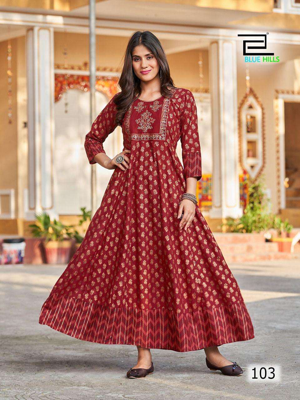 Blue Hills Sandwich Catalog Heavy Rayon Anarkali Kurtis Wholesale